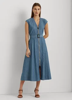 Robe Ceinturée Mancherons En Denim