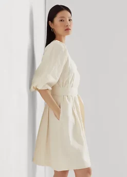 Robe Ceinturée à Manches Ballons En Lin