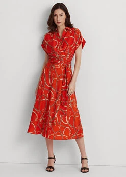 Robe Ceinturée à Motif Brides En Crêpe