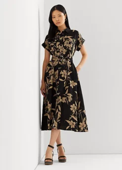 Robe-chemise Fleurie Ceinturée En Lin